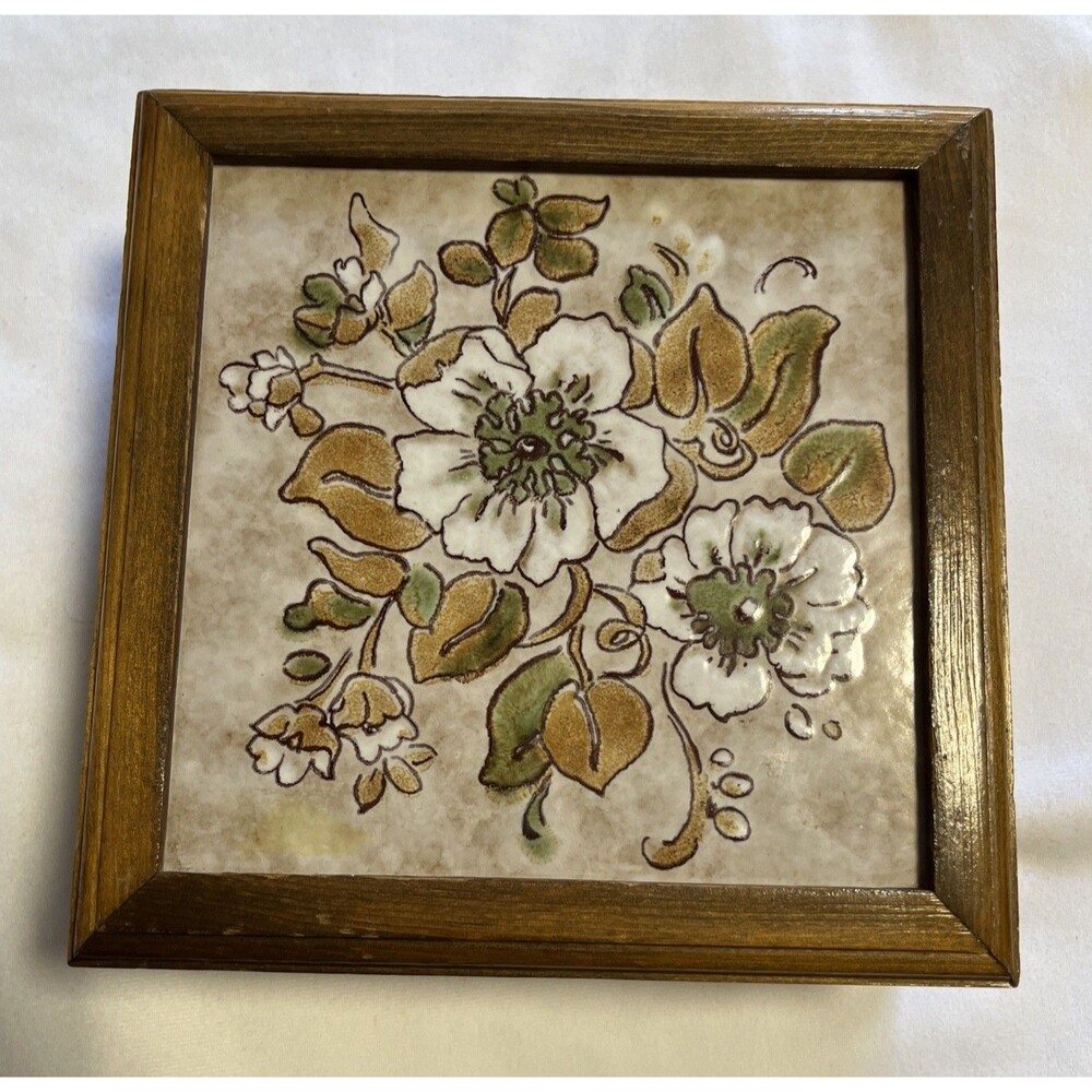Ceramic MCM Floral Tile Lidded Wood Square Vintage Trinket Jewelry Box